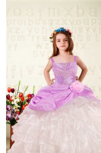 Sleeveless Lace Up Floor Length Beading and Ruffled Layers and Hand Made Flower Party Dress