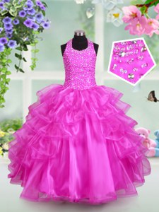Attractive Halter Top Ruffled Floor Length Ball Gowns Sleeveless Fuchsia Juniors Party Dress Lace Up
