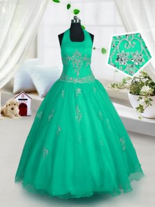 Best Halter Top Sleeveless Lace Up Girls Pageant Dresses Green Tulle