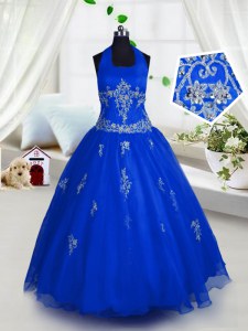 Cheap Halter Top Floor Length Lace Up Party Dress for Toddlers Blue for Party and Wedding Party with Appliques