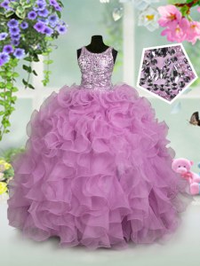 Scoop Lilac Zipper Little Girl Pageant Dress Ruffles and Sequins Sleeveless Floor Length