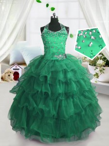 Scoop Floor Length Lace Up Kids Pageant Dress Peacock Green for Party and Wedding Party with Beading and Ruffled Layers