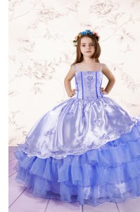 Ruffled Floor Length Ball Gowns Sleeveless Baby Blue Kids Pageant Dress Lace Up