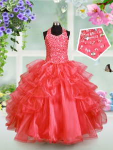 Halter Top Floor Length Watermelon Red Little Girls Pageant Dress Organza Sleeveless Beading and Ruffled Layers