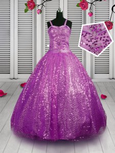 Straps Sleeveless Kids Pageant Dress Floor Length Beading and Sequins Purple Sequined