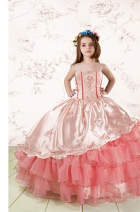 Cheap Baby Pink Sleeveless Embroidery and Ruffled Layers Floor Length Kids Pageant Dress