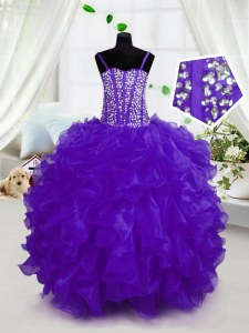 Enchanting Ball Gowns Little Girls Pageant Dress Purple Spaghetti Straps Organza Sleeveless Floor Length Lace Up