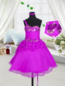 Excellent Fuchsia Organza Lace Up Sweetheart Sleeveless Knee Length Little Girl Pageant Gowns Beading and Hand Made Flower