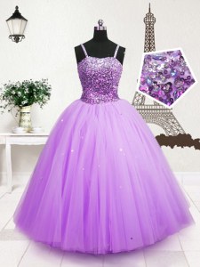 Latest Sequins Lavender Sleeveless Tulle Zipper Little Girl Pageant Dress for Party and Wedding Party