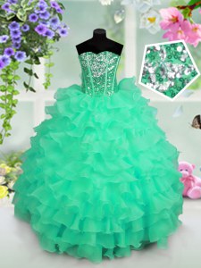 Low Price Organza Sleeveless Floor Length Little Girls Pageant Dress Wholesale and Ruffled Layers and Sequins