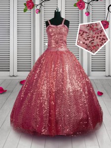 Watermelon Red Little Girls Pageant Dress Party and Wedding Party and For with Beading and Sequins Straps Sleeveless Lace Up