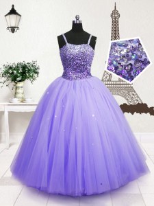 Blue Ball Gowns Spaghetti Straps Sleeveless Tulle Floor Length Zipper Beading and Sequins Casual Dresses
