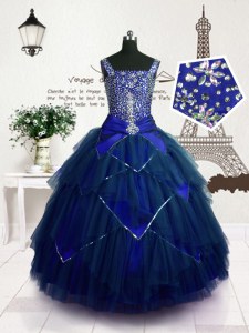 Beading and Belt Little Girls Pageant Dress Wholesale Royal Blue Lace Up Sleeveless Floor Length