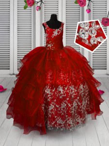 Charming Sleeveless Floor Length Appliques and Ruffled Layers Lace Up Kids Formal Wear with Red