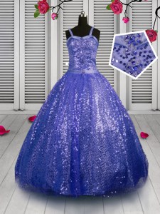 Lovely Beading and Sequins Little Girls Pageant Gowns Blue Lace Up Sleeveless Floor Length