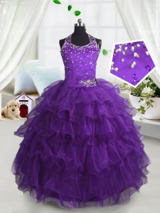 Ruffled Scoop Sleeveless Lace Up Girls Pageant Dresses Purple Organza