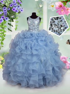Scoop Light Blue Sleeveless Ruffles and Sequins Floor Length Girls Pageant Dresses
