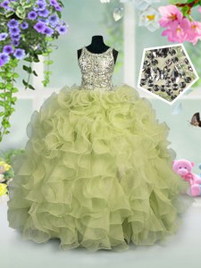 Scoop Sleeveless Organza Floor Length Zipper Pageant Gowns For Girls in Light Yellow with Ruffles and Sequins