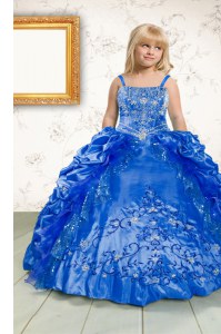 Satin Spaghetti Straps Sleeveless Lace Up Beading and Appliques and Pick Ups Kids Formal Wear in Blue