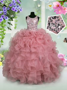 Scoop Sleeveless Floor Length Ruffles and Sequins Zipper Little Girl Pageant Gowns with Pink