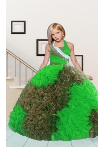 Popular Fabric With Rolling Flowers Halter Top Sleeveless Lace Up Beading and Ruffles Pageant Gowns For Girls in Apple Green and Chocolate