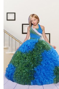 Perfect Blue and Dark Green Ball Gowns Halter Top Sleeveless Fabric With Rolling Flowers Floor Length Lace Up Beading and Ruffles Pageant Gowns For Girls