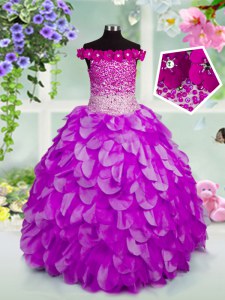 Great Off the Shoulder Beading and Hand Made Flower Little Girl Pageant Dress Lavender Lace Up Sleeveless Floor Length