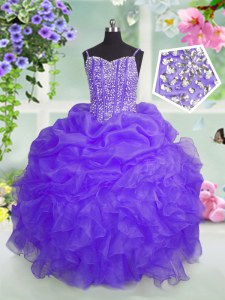 High End Floor Length Lace Up Little Girl Pageant Gowns Lavender for Party and Wedding Party with Beading and Ruffles and Pick Ups
