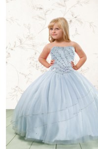 Affordable Baby Blue Tulle Lace Up Little Girls Pageant Dress Sleeveless Floor Length Beading