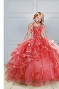 High Quality Halter Top Sleeveless Organza Kids Pageant Dress Beading and Ruffles Lace Up