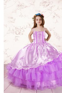 Fuchsia Organza Lace Up Little Girls Pageant Dress Wholesale Sleeveless Floor Length Embroidery and Ruffled Layers