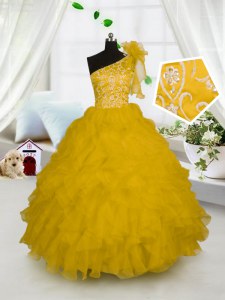 Customized One Shoulder Sleeveless Floor Length Embroidery and Ruffles Side Zipper Kids Formal Wear with Gold