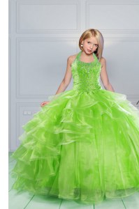 Ball Gowns Child Pageant Dress Apple Green Halter Top Organza Sleeveless Floor Length Lace Up