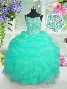 Pick Ups Turquoise Sleeveless Organza Lace Up Kids Pageant Dress for Party and Wedding Party