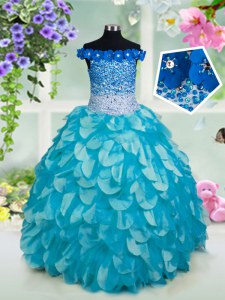 Stunning Turquoise Off The Shoulder Neckline Beading and Sashes ribbons and Sequins Kids Formal Wear Sleeveless Lace Up