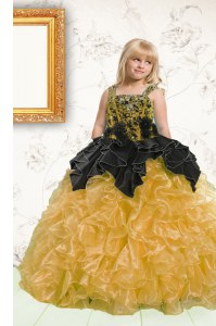 Gold Organza Lace Up Little Girls Pageant Gowns Sleeveless Floor Length Beading and Pick Ups