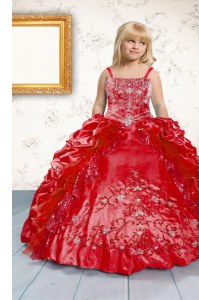 On Sale Spaghetti Straps Sleeveless Little Girls Pageant Dress Wholesale Floor Length Beading and Appliques and Pick Ups Red Satin