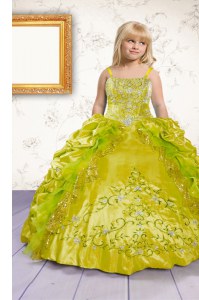 Exquisite Floor Length Lace Up Pageant Gowns For Girls Apple Green for Party and Wedding Party with Beading and Appliques and Pick Ups