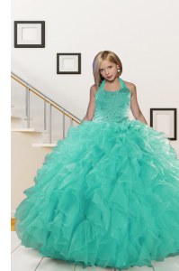 Eye-catching Halter Top Turquoise Organza Lace Up Party Dress for Toddlers Sleeveless Floor Length Beading and Ruffles