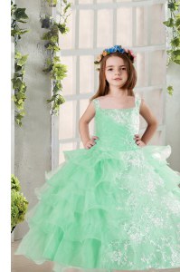 High Class Turquoise Little Girls Pageant Dress Party and Wedding Party and For with Lace and Ruffled Layers Square Sleeveless Lace Up