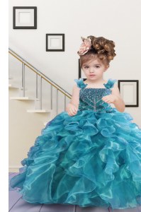 Straps Sleeveless Teens Party Dress Floor Length Beading and Ruffles Turquoise Organza