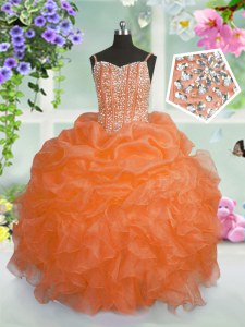 Orange Ball Gowns Organza Spaghetti Straps Sleeveless Beading and Ruffles and Pick Ups Floor Length Lace Up Party Dress Wholesale