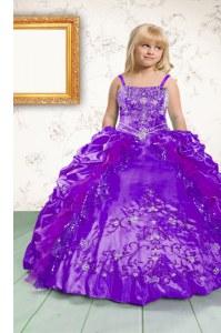 Sleeveless Satin Floor Length Lace Up Kids Pageant Dress in Purple with Beading and Appliques and Pick Ups