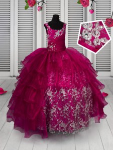 Appliques and Ruffled Layers Party Dress for Toddlers Fuchsia Lace Up Sleeveless Floor Length