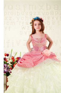 Straps Sleeveless Organza Little Girls Pageant Gowns Beading and Ruffled Layers and Hand Made Flower Lace Up