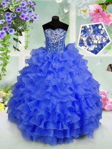Stylish Floor Length Lace Up Little Girls Pageant Dress Royal Blue for Party and Wedding Party with Ruffled Layers and Sequins