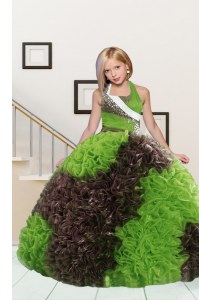 Lovely Apple Green and Chocolate Little Girl Pageant Dress Party and Wedding Party and For with Beading and Ruffles Halter Top Sleeveless Lace Up
