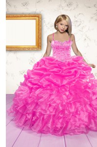 Hot Pink Organza Lace Up Spaghetti Straps Sleeveless Floor Length Little Girl Pageant Gowns Beading and Ruffles and Pick Ups