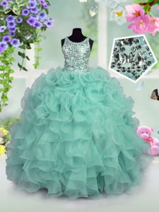 Custom Made Scoop Turquoise Ball Gowns Ruffles and Sequins Party Dress for Girls Zipper Organza Sleeveless Floor Length