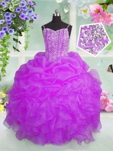 Beading and Ruffles and Pick Ups Little Girls Pageant Dress Fuchsia Lace Up Sleeveless Floor Length